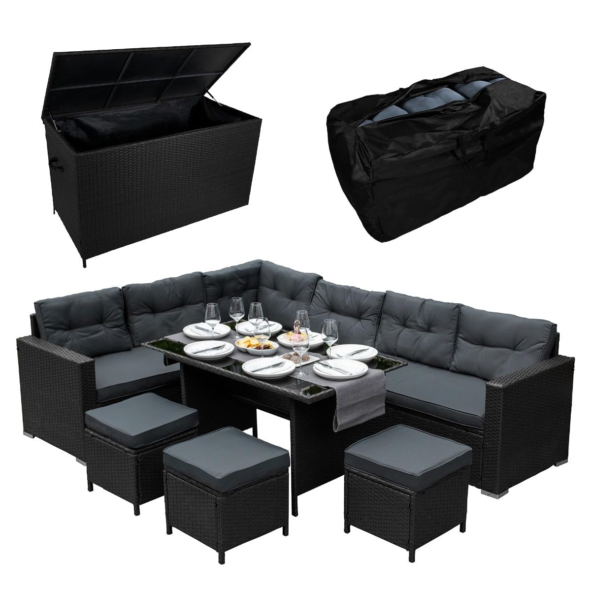 Set pranzo ad angolo in rattan e box da giardino Nero 9 posti a sedere Divano Sgabelli Tavolo in vetro Ampia Cassapanca 582L Telaio in acciaio Resistente ai raggi UV Borsa da trasporto impermeabile