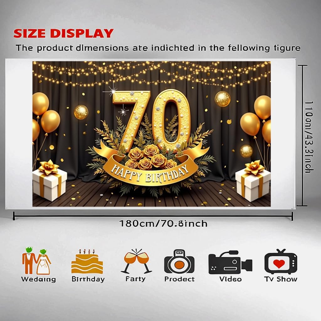 Happy 70th Birthday Decoration Banner for Men Women Black Gold 70th Birthday Banner Backdrop for 70th Birthday Party Supplies - Image 4