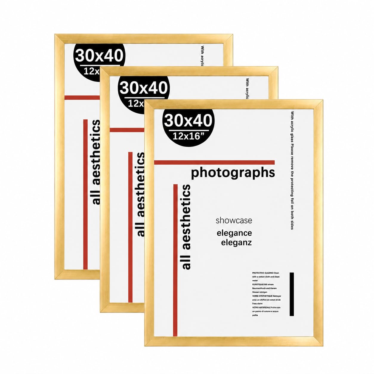 KAIWIN Picture Frame 30x40 Set of 3, 30 x 40 cm Gold Picture Frames, Photo Frame with Acrylic Glass for Stand Tabletop or Wall Hanging, Poster Frame