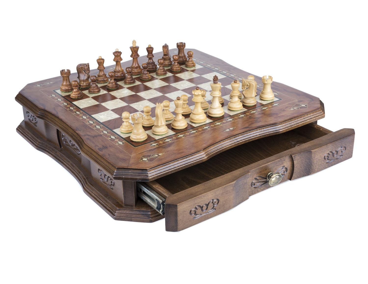 Handmade Wooden Chess Set - Luxury Walnut Board with Drawer + Dubrovnik Royal S Chess Pieces