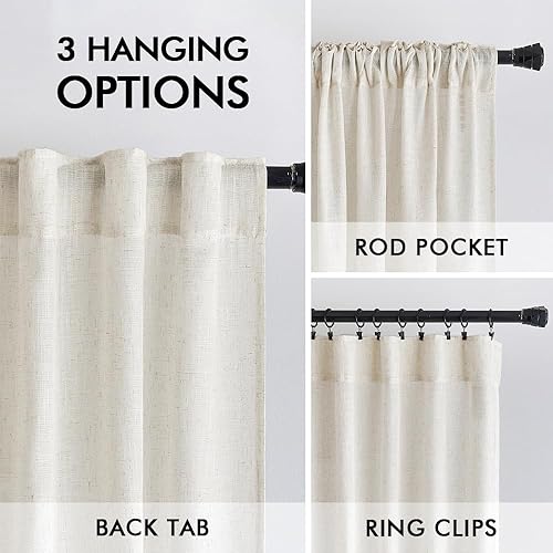 Miniatura 3 de MIULEE Cortinas de lino de 96 pulgadas de largo para sala de estar, 2 paneles, bolsillo para barra de cortina de marfil natural, con pestaña