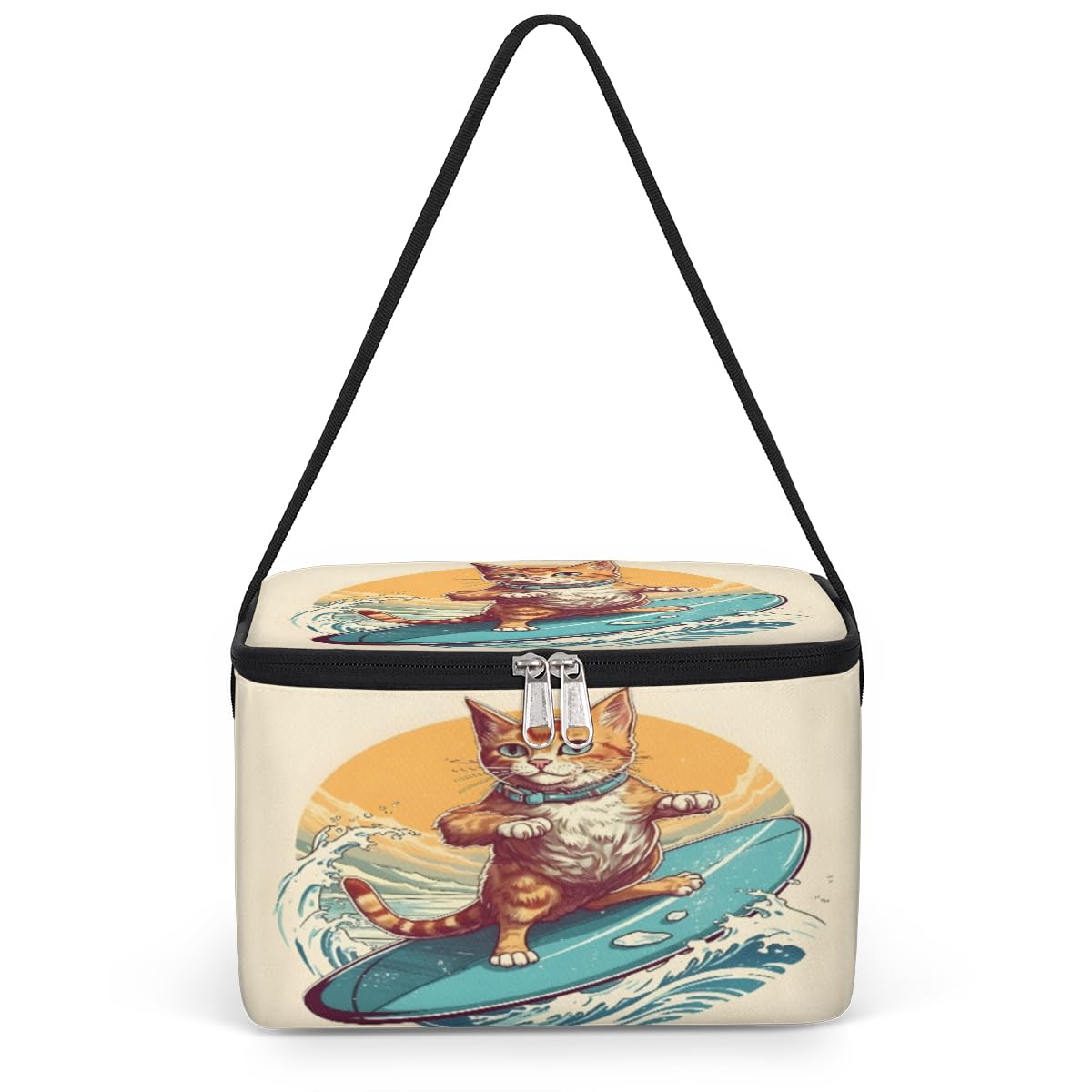 GzLeyigou Surfing Cat Lunch Bags for Women Men 9 Cans, Hot & Cold Food Delivery Bag Insulated Grocery Bag Insulated Lunch Box Cat Cooler Bag for Office Work Picnic Beach