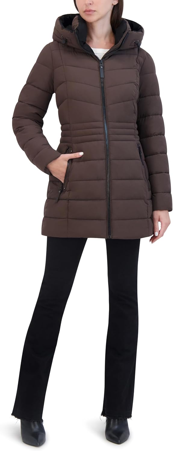 Laundry by Shelli Segal Women's Stretch Quilted Puffer Jacket– Winter Coat Double-layer Hood & Collar Elastic Back Waist