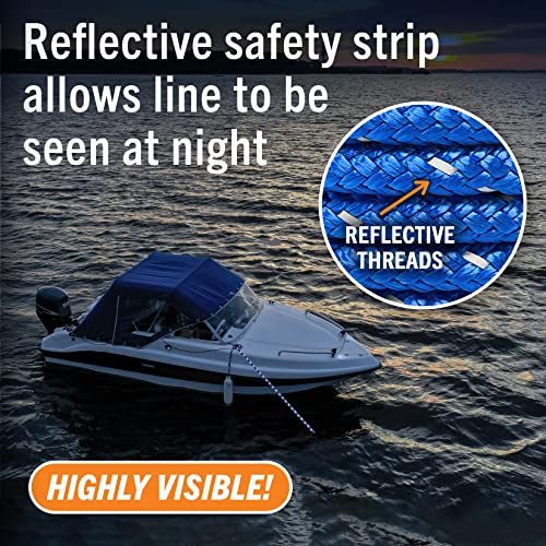 Image of Better Boat Premium Anchor Rope, 100 Ft Double Braided White Nylon Marine | Line, Reflective 3 /8 Inch Reel for Anchors and Boats, Royal Blue