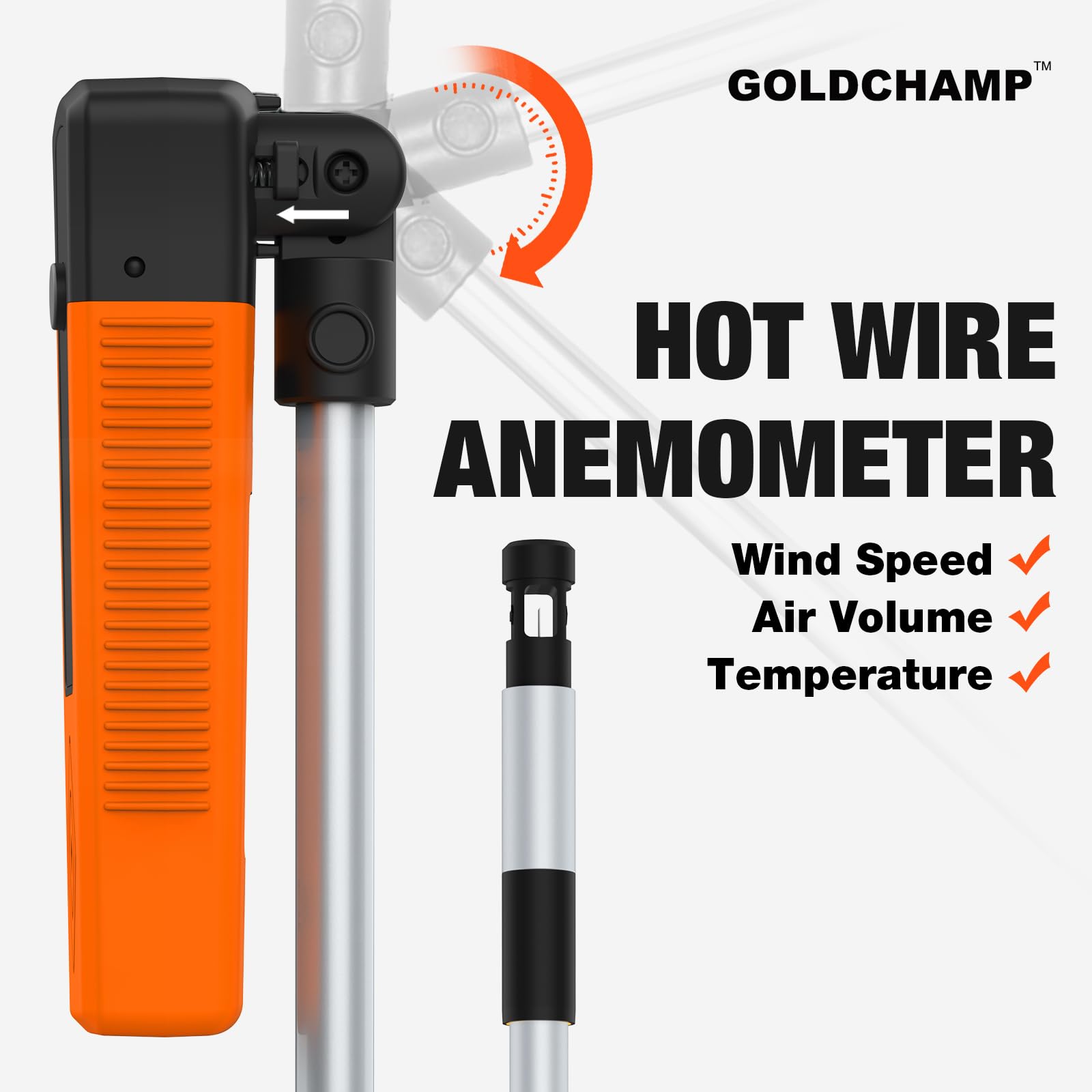 Heißdraht-Anemometer, Thermischer Anemometer mit 40 m/s und Bluetooth, Ausziehbare Stange 320–650 mm, 9100A Windmesser Windmessgerät mit APP, hohe Präzision 0,1 m/s, misst HVAC, Datenprotokollierung