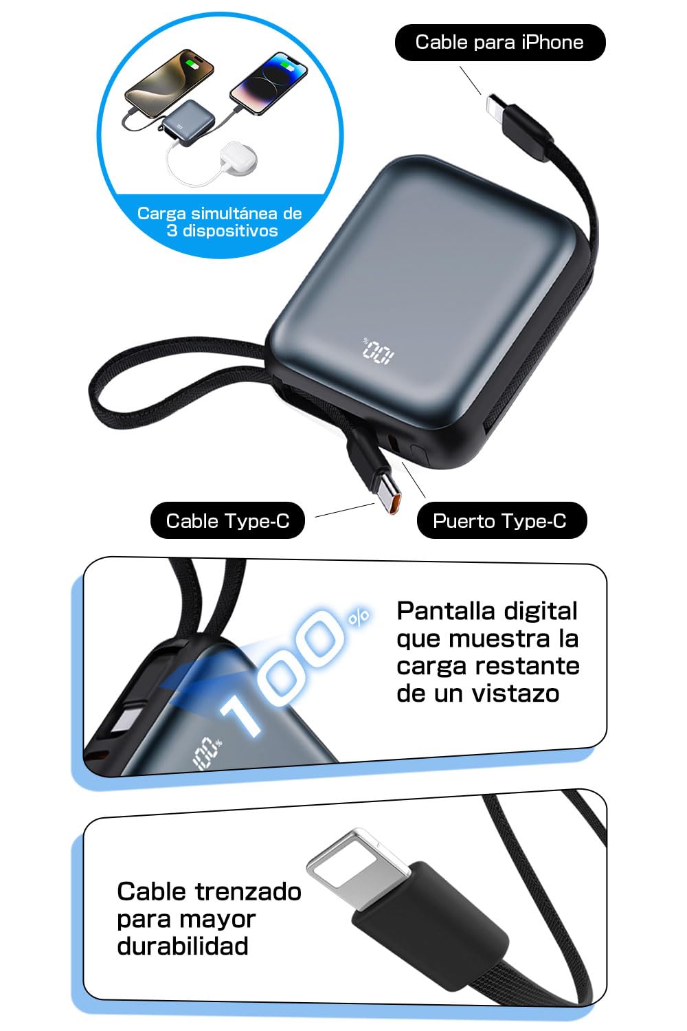 Batería Externa 12000mAh con Cables Integrados， Sin Necesidad de Cable， Carga Rápida PD 22.5W， 3 Dispositivos a la Vez， Compacta con Pantalla Digital（Gris）