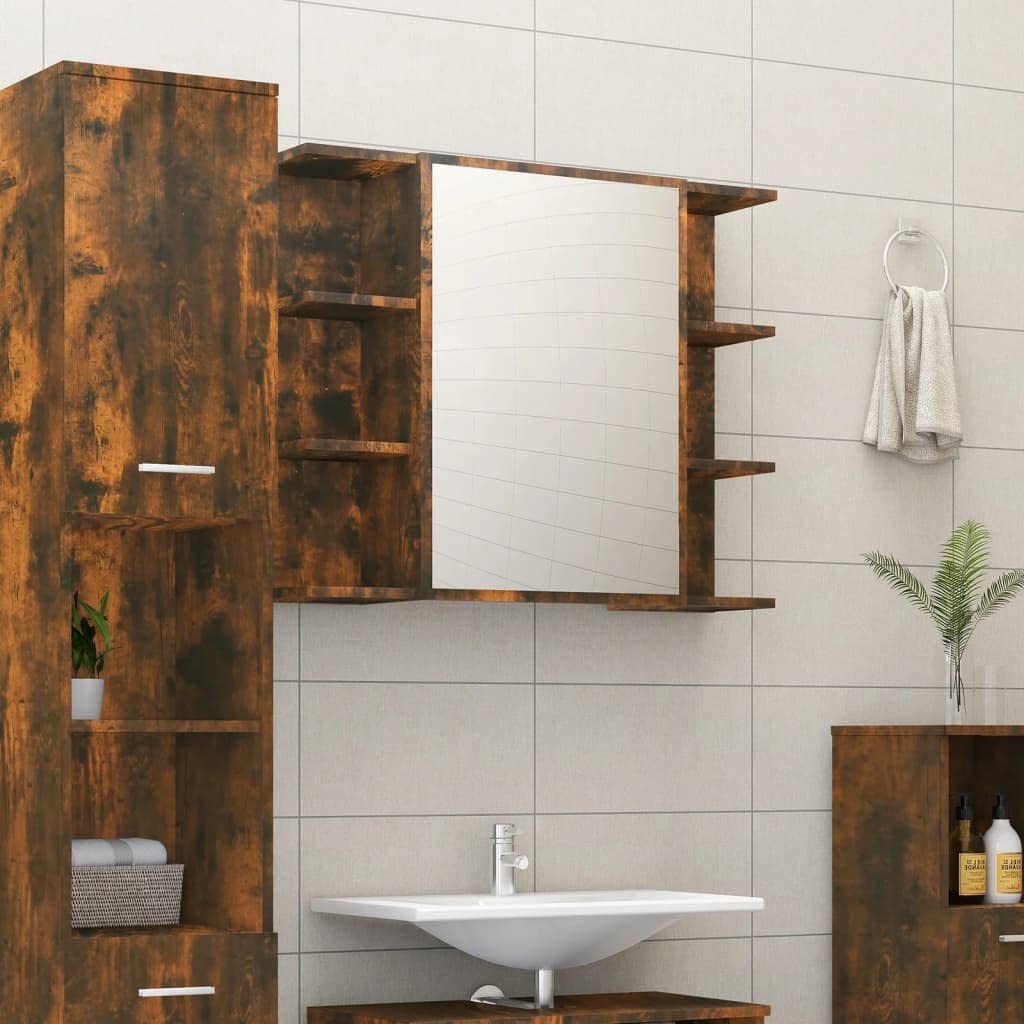 Mueble bajo lavabo para cuarto de baño, roble ahumado, 80 x 20,5 x 64 cm, material de madera con armario con espejo, diseño moderno para invitados y baños pequeños