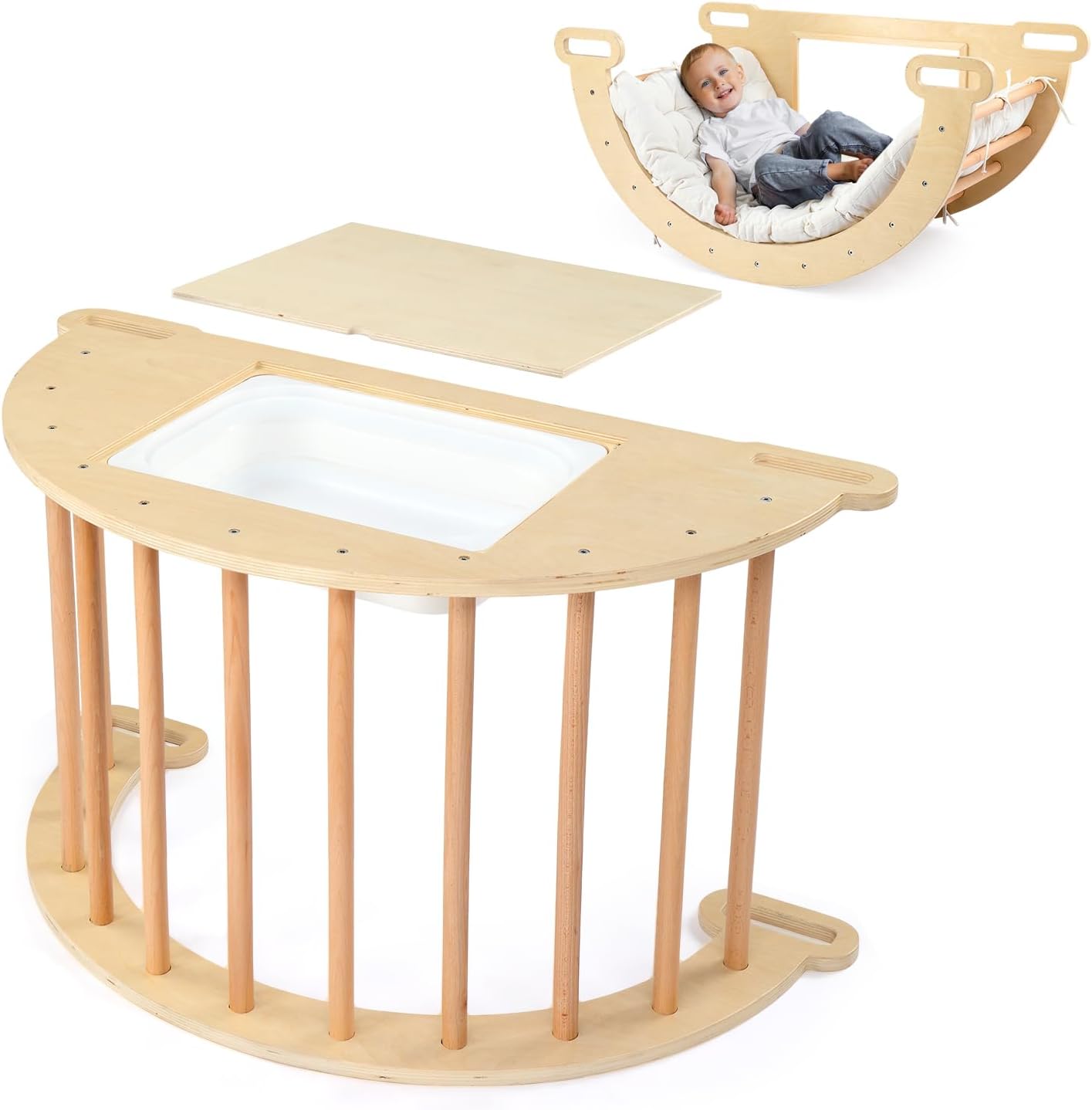 JOYMOR (2024) 5-in-1 Pikler Triangle Climber Arch Rocker with Cushion Sensory Table Set for Kids, Montessori Climbing Toys for Toddlers 1-3 Inside with Collapsible Storage Basin & Blackboard