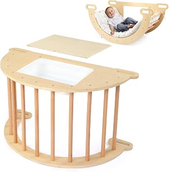 JOYMOR 2024 5-in-1 Pikler Triangle Climber Arch Rocker with Cushion Sensory Table Set for Kids, Montessori Climbing Toys for Toddlers 1-3 Inside with Collapsible Storage Basin & Blackboard