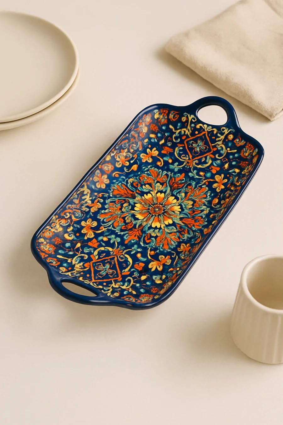 CORAL TREE Handcrafted Blue Floral Ceramic Serving Tray (30 x 17 x 5 cm) – Elegant Rectangular Tray for Snacks, Dry Fruits, Desserts & Home Décor