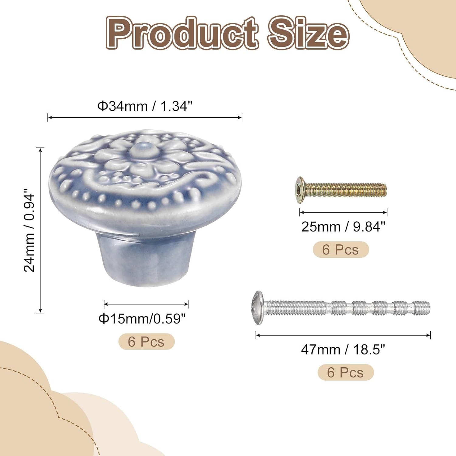 uxcell 6Pcs Ceramic Knobs, 34mm/1.34" Flower Pattern Mushroom Knob Drawer Pull Handle Vintage Wardrobe Knobs with Screws for Vanity Bedroom Furniture Closet, Gray