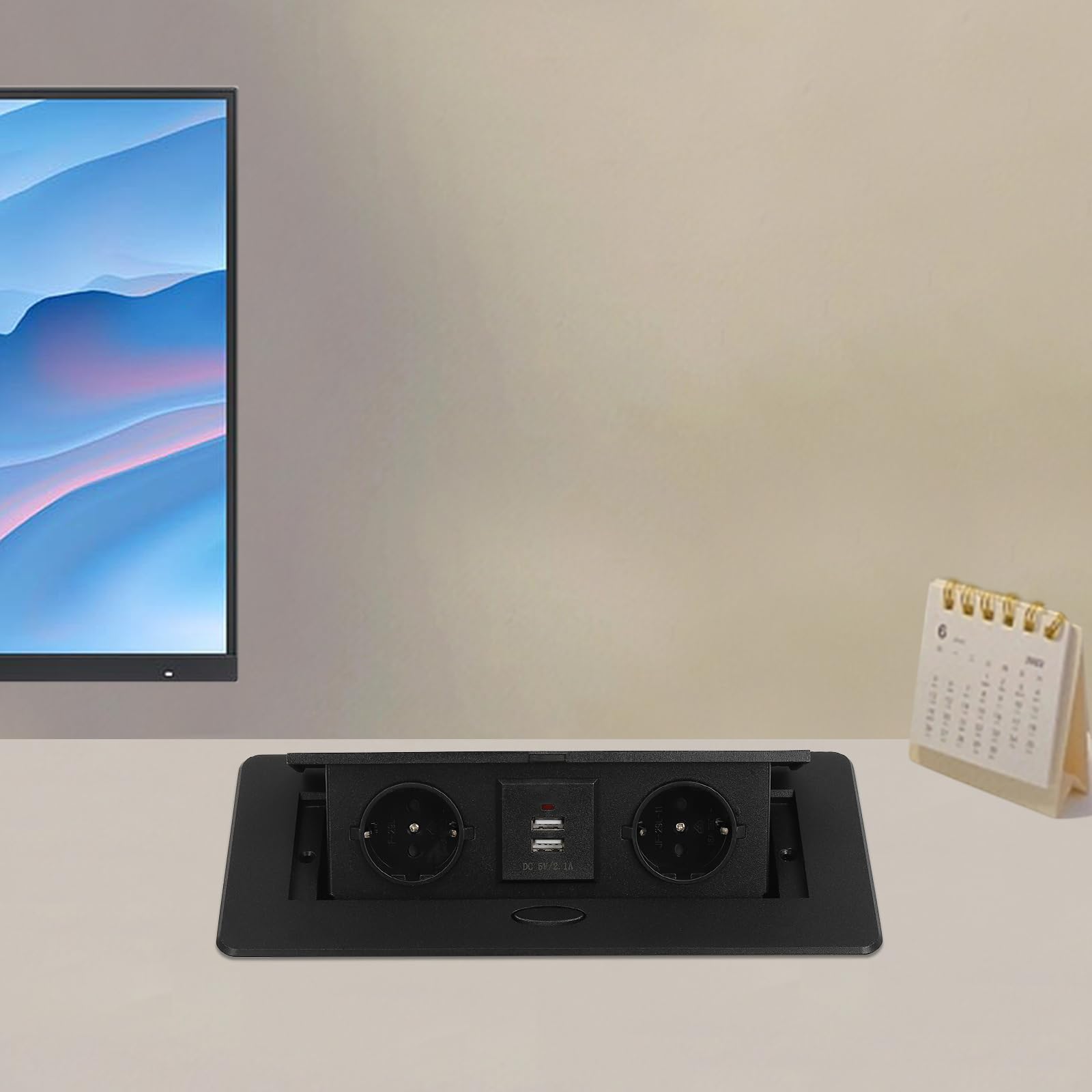 Gniazdko do zabudowy, wpuszczane, 2 przegrody z 2 USB, do zabudowy, blat roboczy z pokrywką, czarne, gniazdko meblowe, składane do kuchni/biurka/stołu warsztatowego, 26,6 x 11,8 x 0,3 cm