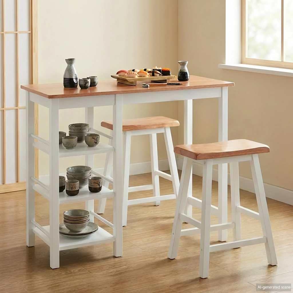 vidaXL Set Muebles Bar 3 Piezas Blanco Mobiliario Mesa Silla Alta Salón Cocina