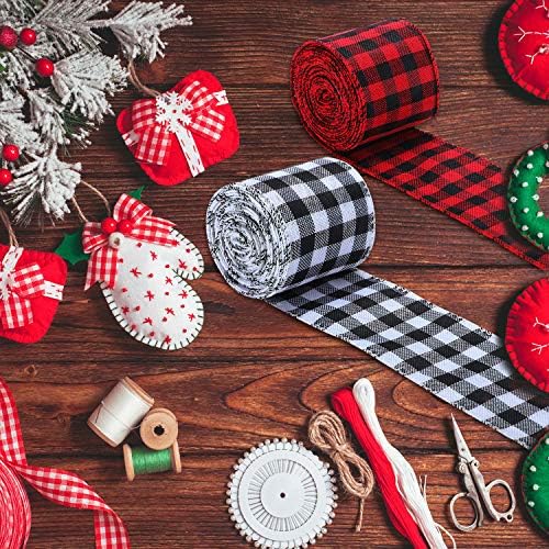 Miniatura 5 de Boao 2 rollos de cinta de Navidad a cuadros de búfalo para envolver Navidad, borde con alambre, cinta de arpillera a cuadros a cuadros de Navidad a