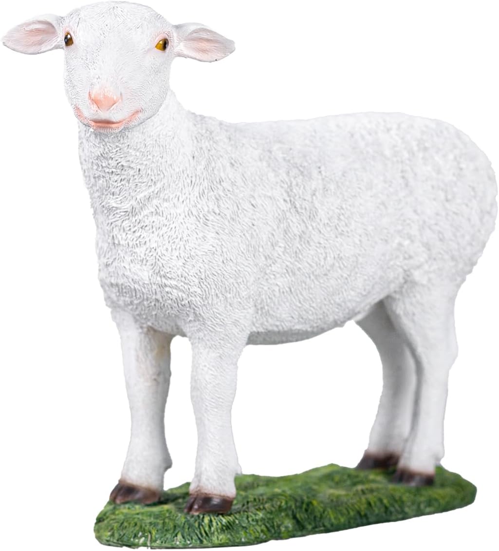 White Standing Lamb Garden Statue, Decorative Resin Sheep Figurine on Grass Base, Farmhouse Animal Outdoor Decor - Image 3