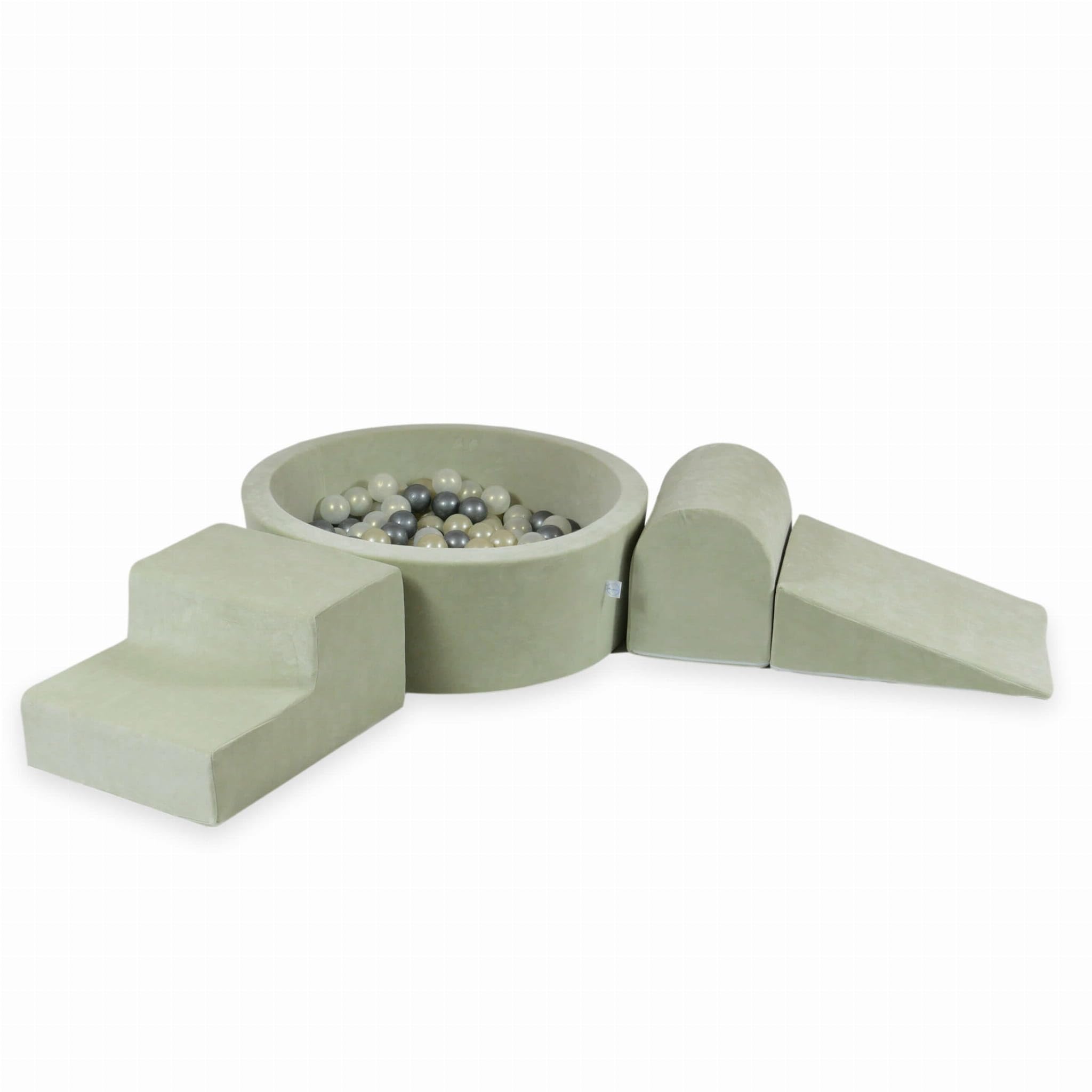 Mimii Parque infantil de espuma con piscina de bolas Velvet Soft Light Mint (200 bolas: oro claro/ópalo/plata) – grandes bloques de construcción para trepar y escalar – bloques de construcción suaves