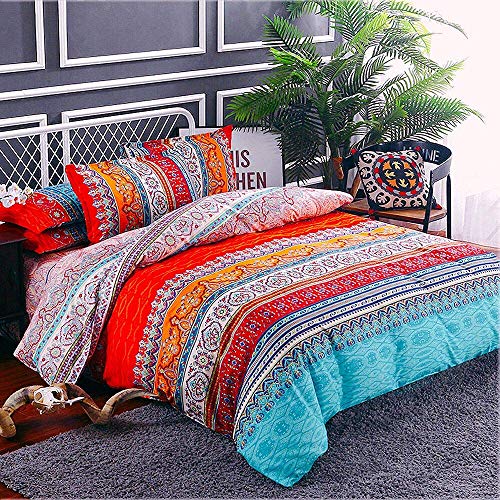 Bohemian Duvet Cover Queen Colorful Floral Boho Striped Bedding Set Ultra Soft Microfiber Double Duvet Cover Southwestern Indian Tribal Reversible Bedding Exotic Style Decor Boho Comforter Cover #TOP5