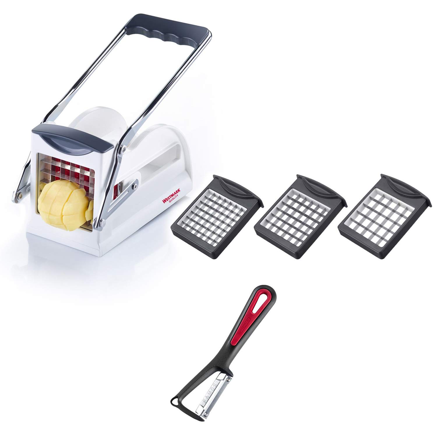 Westmark White/Anthracite Chipper + Potato Peeler, Easy Stix Potato And Vegetable Stick Cutter With 3 Cutting Inserts + Gallant Economy Vegetable Peeler, 118022E6