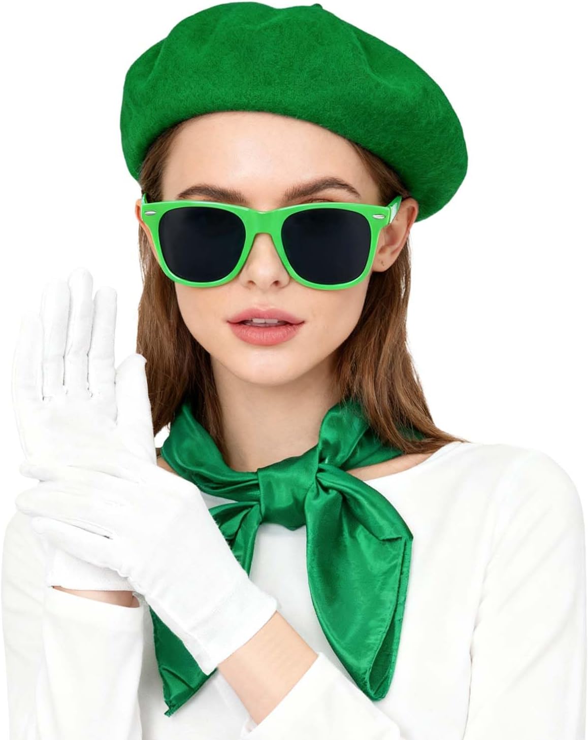 French Beret Hat Set,4 Pcs Solid Color Wool Beanie Hat with Chiffon Scarf Gloves Retro Sunglasses for Fancy Dress Costume - Image 8