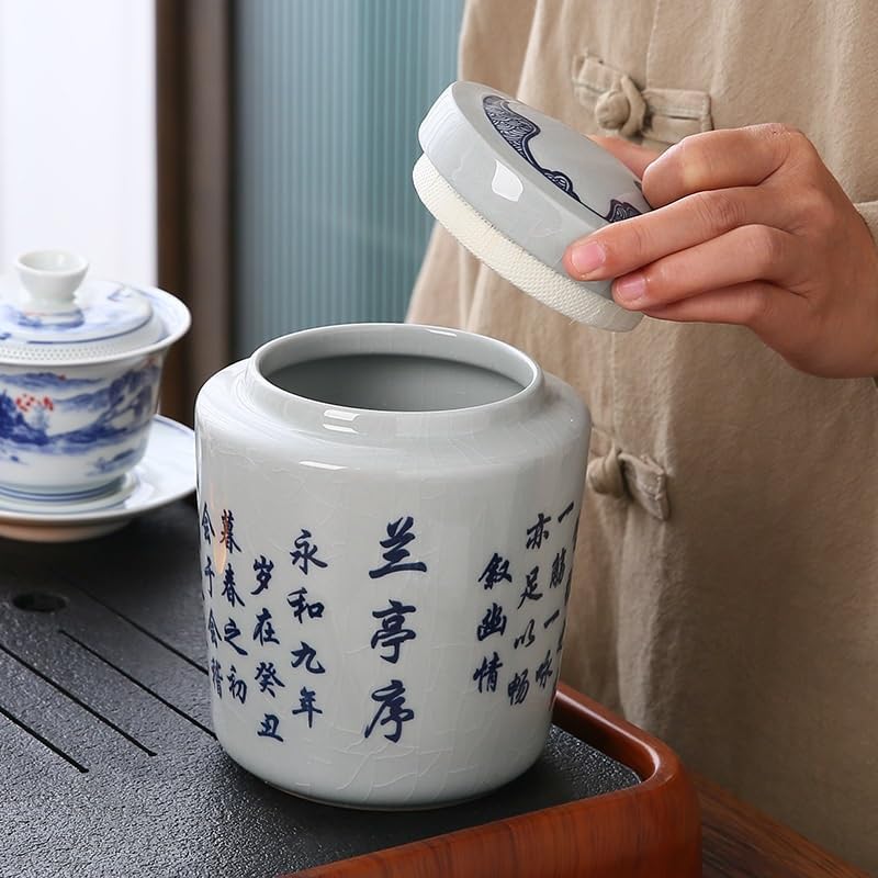 SONGCHAO Sugar Jar Sealed Teapot Large Ceramic Jar Portable Household Poetry Tea Box Packaging Can Tea Canister(A)