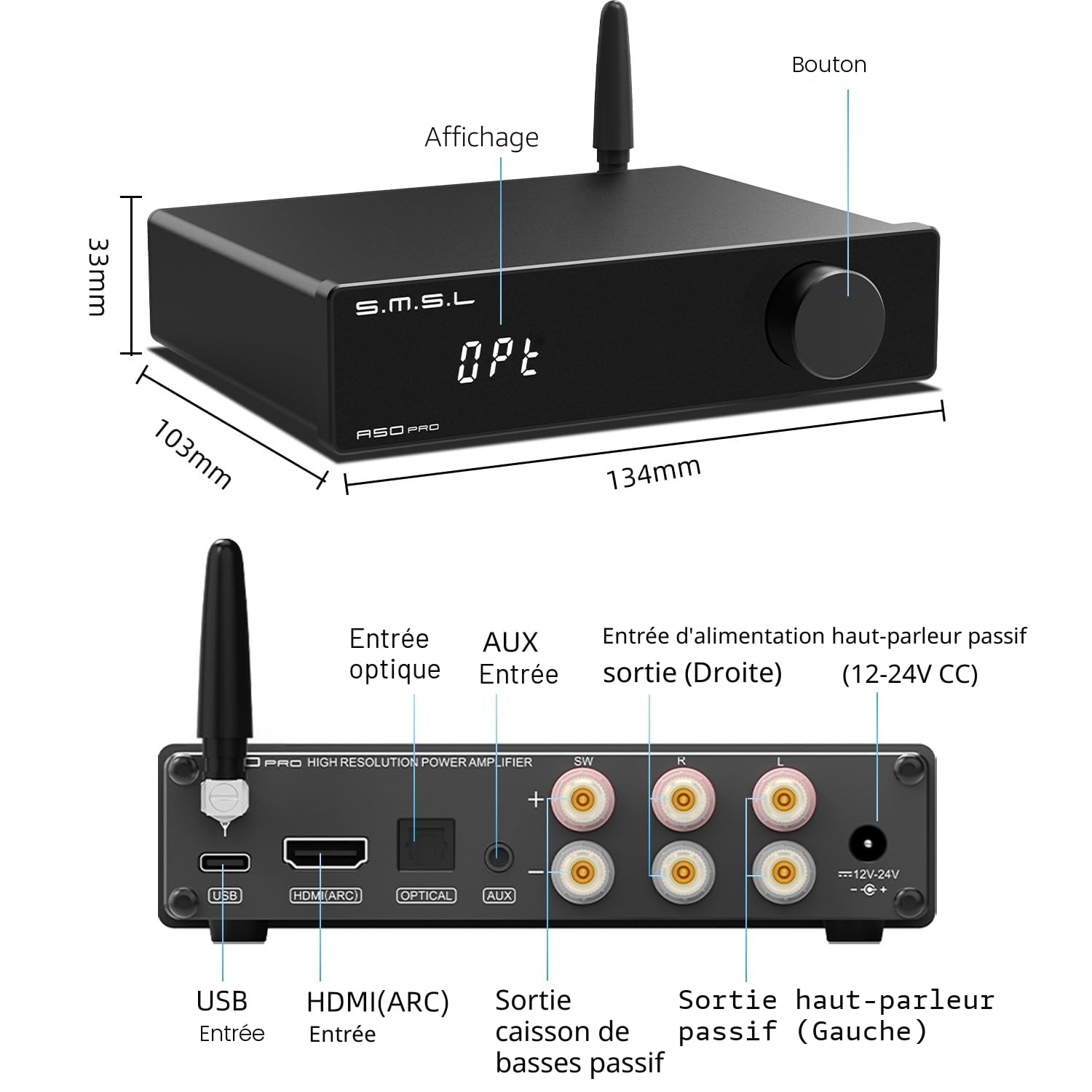 S.M.S.L A50 PRO Amplificateur Hi-Fi 2.1 canaux, filtre passe-bas/passe-haut, puce Infineon MA12070P, Bluetooth 5.0/USB/HDMI/AUX, caisson de basse passif avec volume réglable