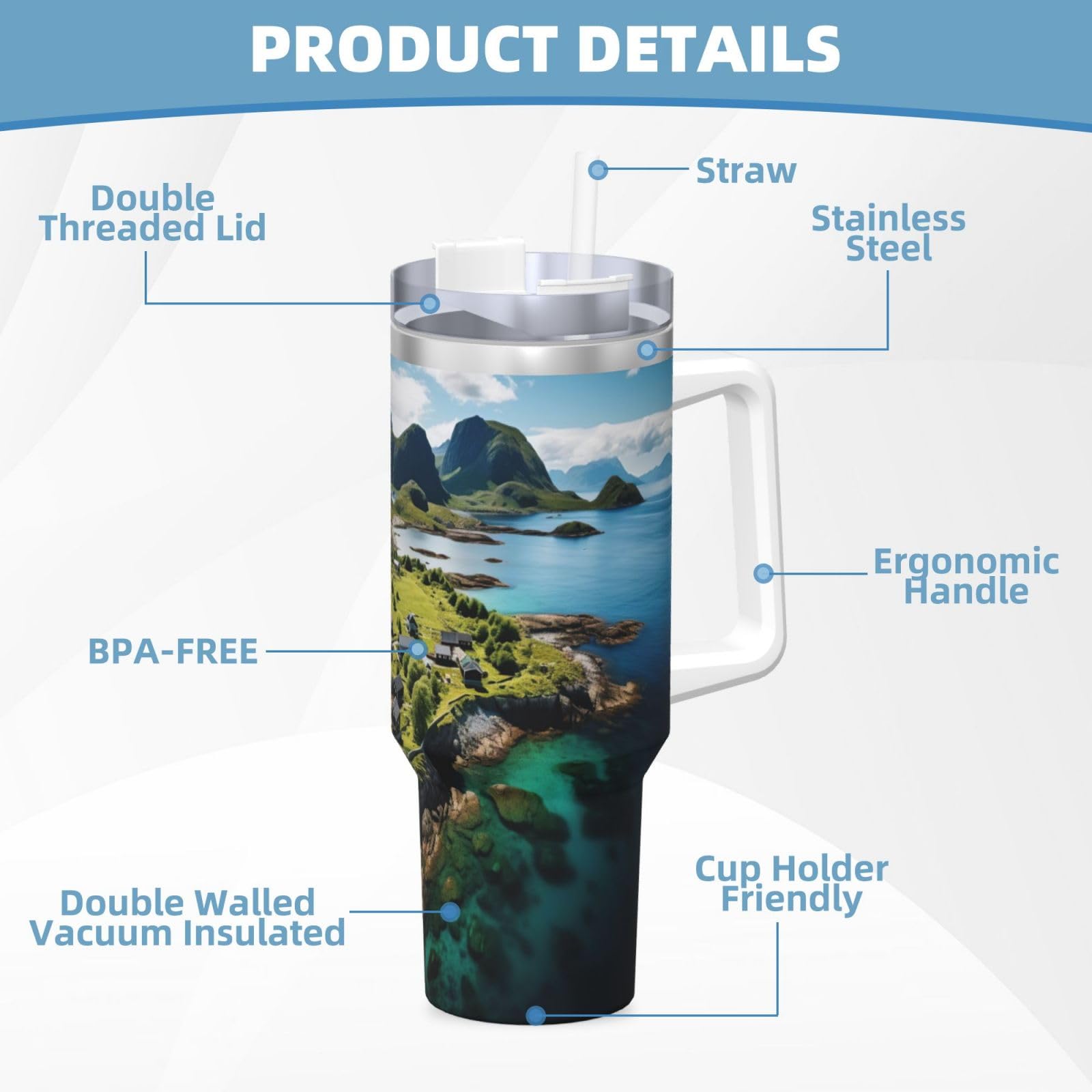 Norway Islands Ice Bully Doppelwandige isolierte Wasserflasche mit Griff und Strohhalm-Deckel, 1,2 l