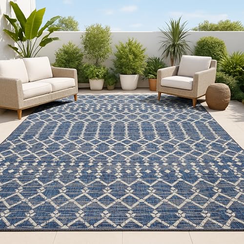 Image of JONATHAN Y Moroccan Geometric Indoor Outdoor Area Rug 8X10 Navy /Beige, Ourika Textured Weave for Backyard, Patio, Porch, Easy-Cleaning, High Traffic, Pet-Friendly, Non-Shedding (SMB108K-8)