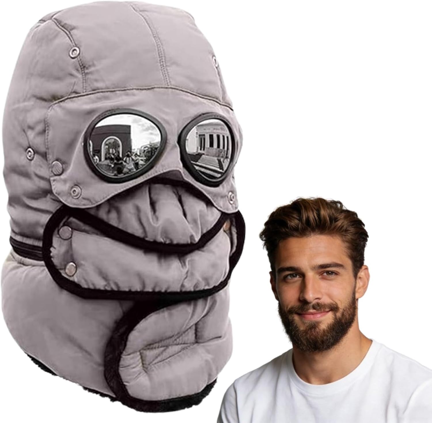 Winter Thermal Trapper Hat with Glasses Winter Cycling Windproof Ski Mask Cap(Beige)
