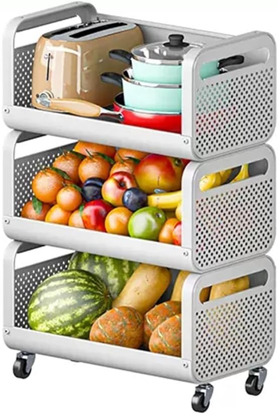 LEIYTFE Kitchen Storage Rack with Wheels Fruit Basket 3/4 Tier Stackable Storage Cart for Narrow Space,Rolling Utility Cart Organization Shelf (Color : White, Size : 3 Tier)
