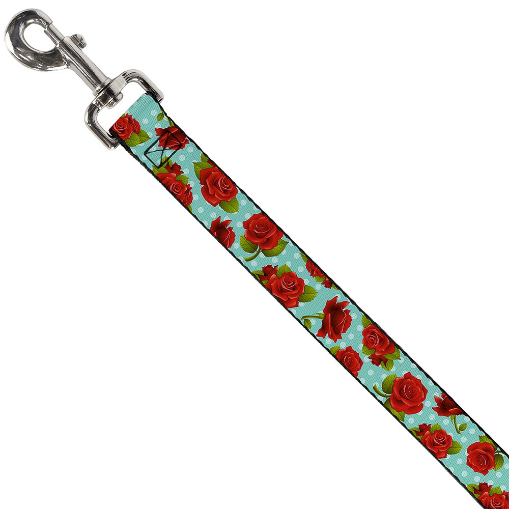Buckle-Down Hundeleine, Rot-weiß Gepunktet Mit Rosen, 1,2 M Lang, 2,5 Cm Breit, Türkis