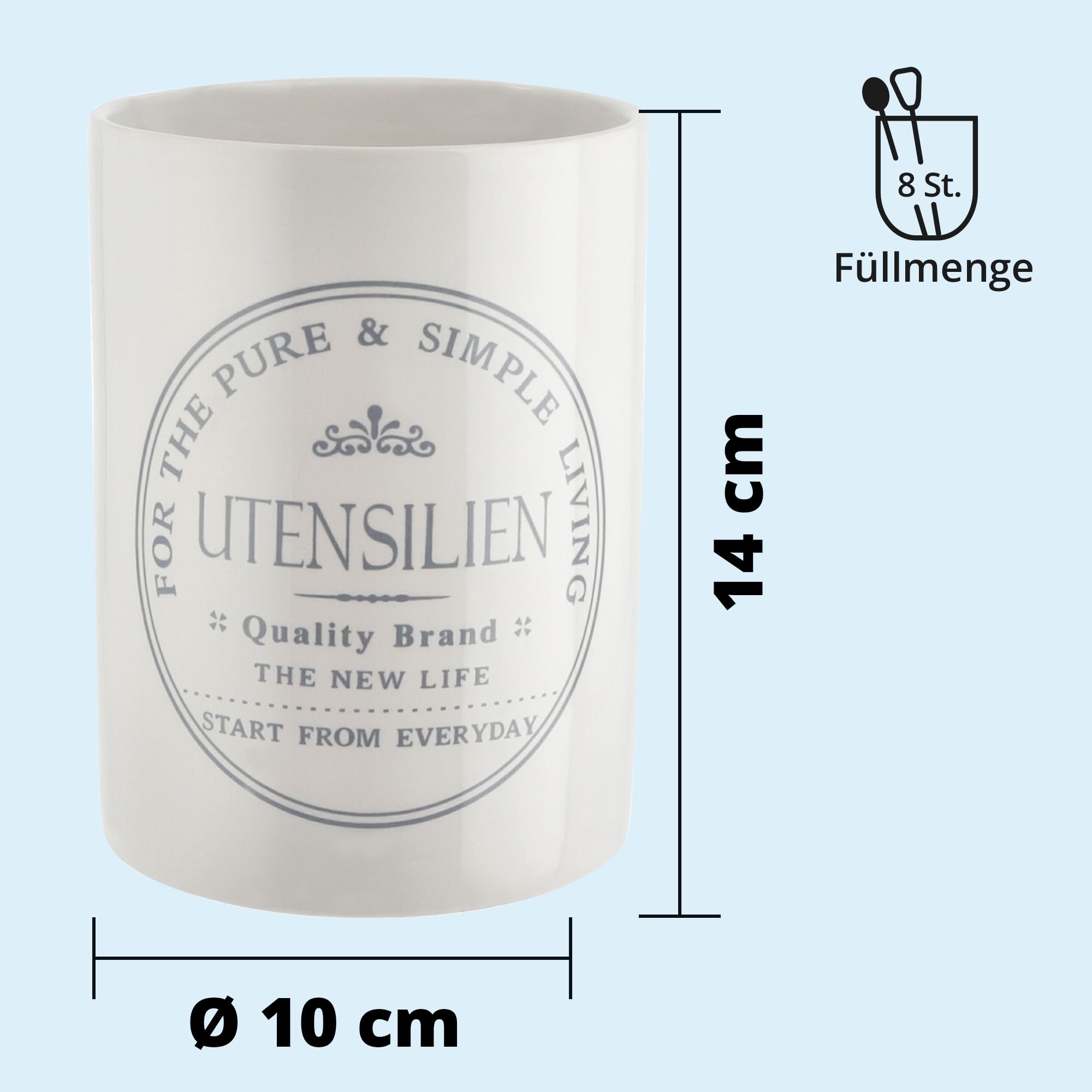KHG Utensilienhalter Keramik Steingut Weiß, Behälter für ca. 8 Küchenutensilien & Kochlöffel, Oberfläche glänzend glasiert Emaille, BPA-frei, beschriftet, Durchmesser 10 cm, Höhe 14 cm