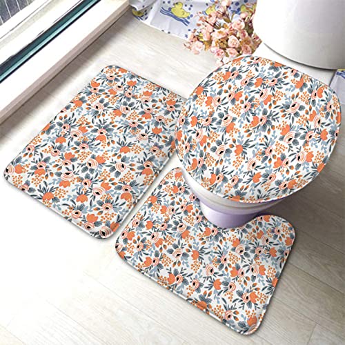 Badezimmerteppich-Set, 3-teilig, Florale Blumen, waschbare Badeteppiche, rutschfest, mit Rückenpolster, Konturteppich und Toilettendeckelbezug