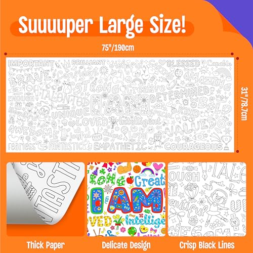 Image of Jumbo Size Coloring Poster, Large Positive Affirmation Coloring Paper, Motivational DIY Painting Drawing Paper Banner /Tablecloth for Kids, Classroom, School, Party Supplies, Wall Decor (75 inch x 31 inch)