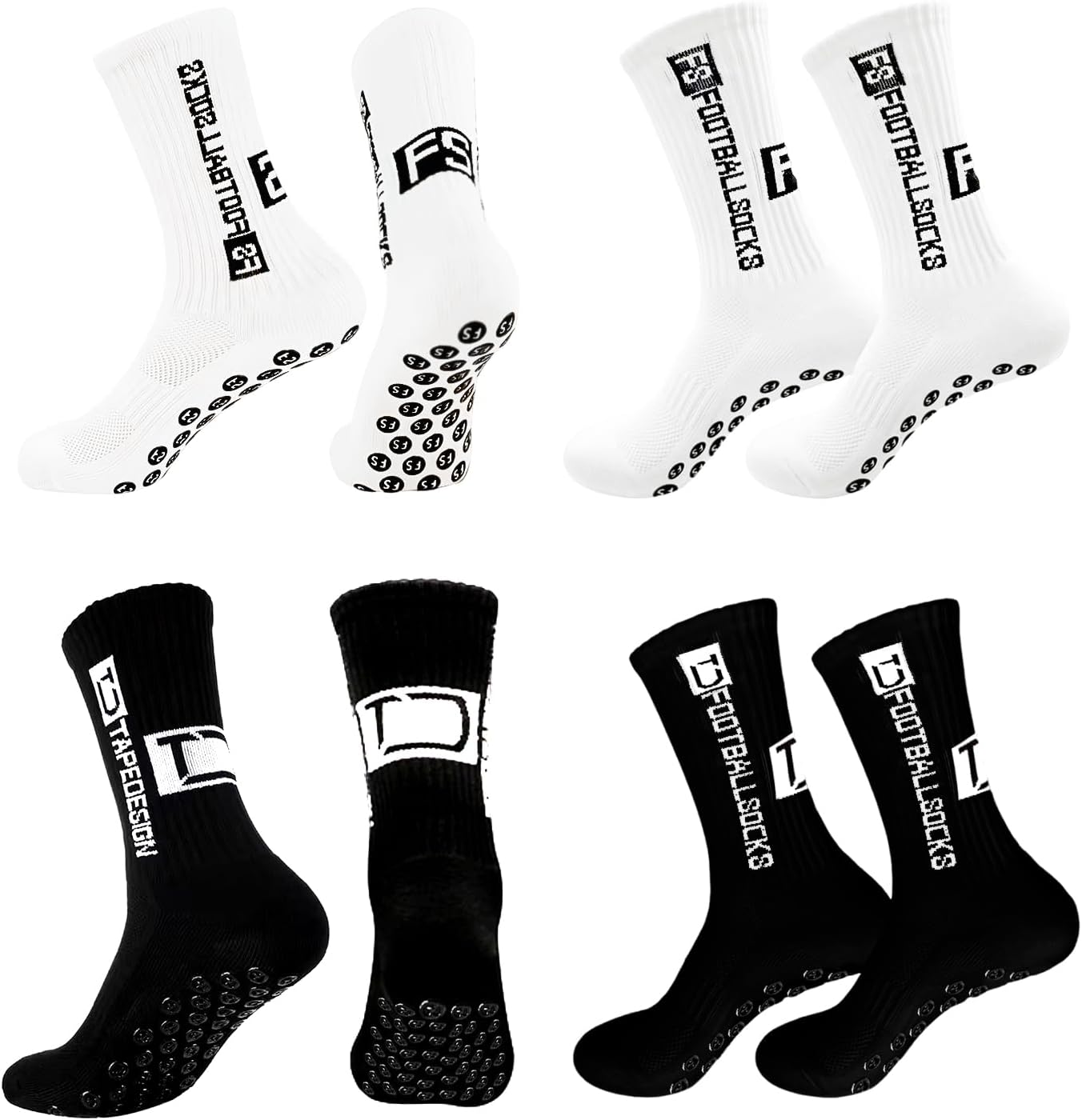 4 Pairs Non Slip Football Grip Socks, Thickened Basketball Socks, Breathable Athletic Socks with Rubber Dots, Mid Calf Sports Soccer Playing Socks, Anti Blister Cushioned Socks for Men Women
