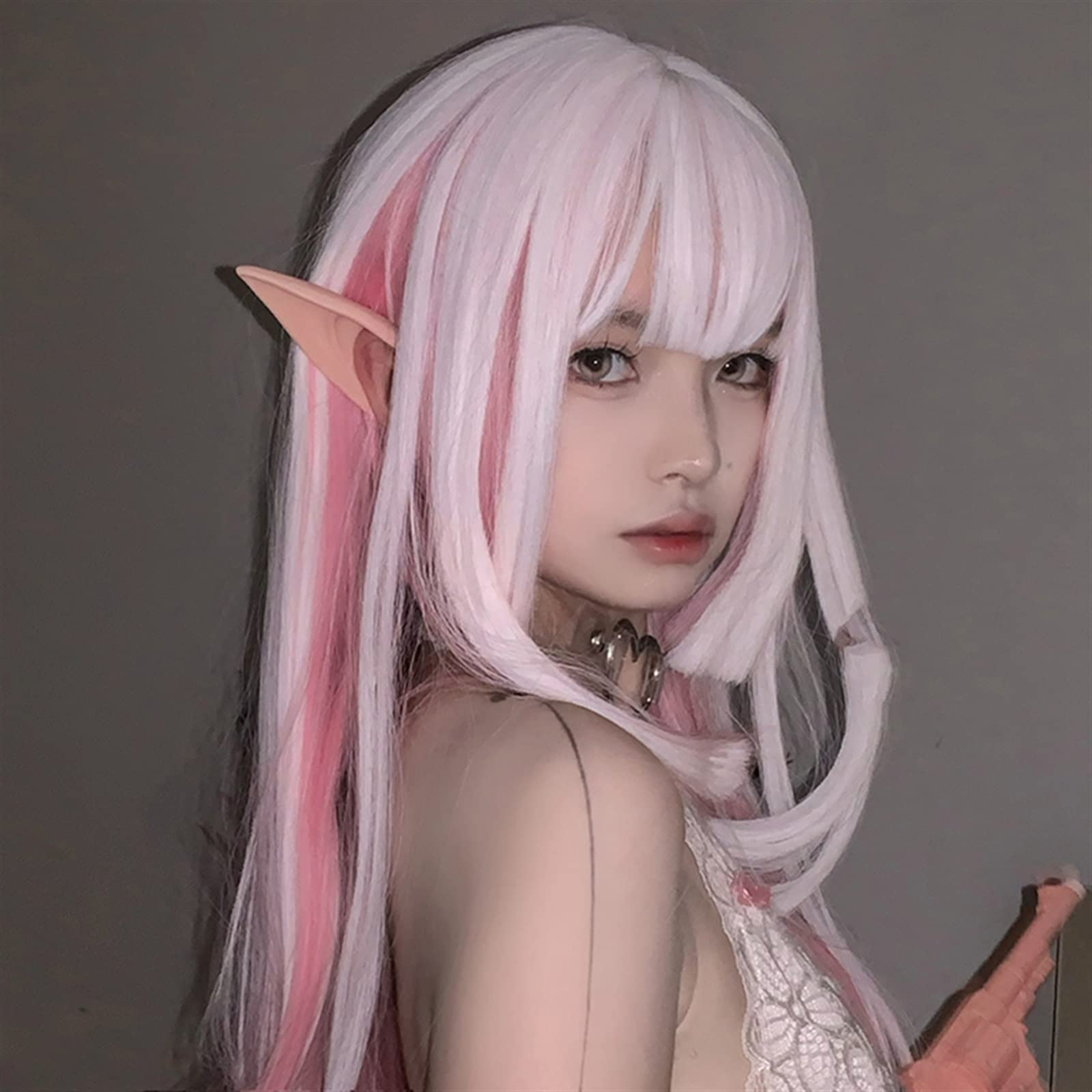 Realistyczne peruki Peruki syntetyczne do cosplay, długie proste włosy peruka z grzywką, jedwabiście białe gradientowe różowe dziewczęce peruki włókno termoodporne syntetyczna Fryzura damska