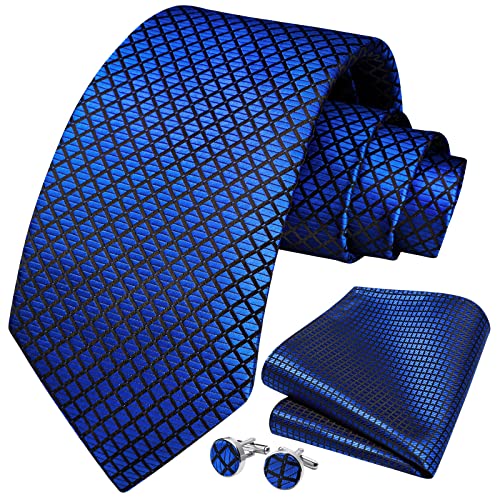 Image of HISDERN Mens Ties Set Stripe Plaid Ties for Men and Pocket Square Cufflinks Formal Silk Necktie Wedding Business