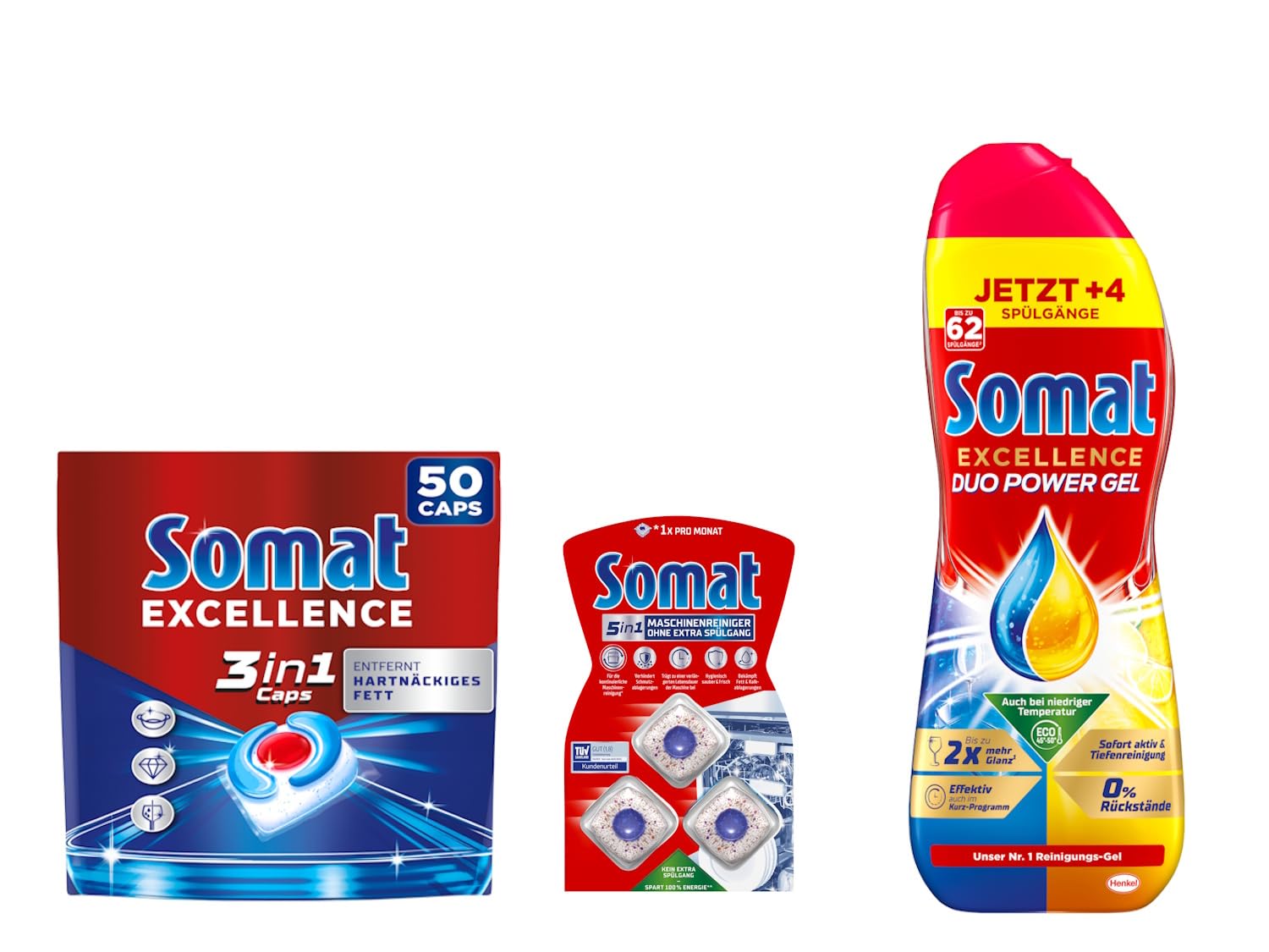 SOMAT Spülmaschinen Set – Excellence 3in1 Caps 50 Stück 905 g + Duo Power Gel 992 ml + 5in1 Maschinenreiniger 12 Tabs 228 g – starke Reinigung gegen Fett & Eingebranntes, effektiver Maschinenpflege