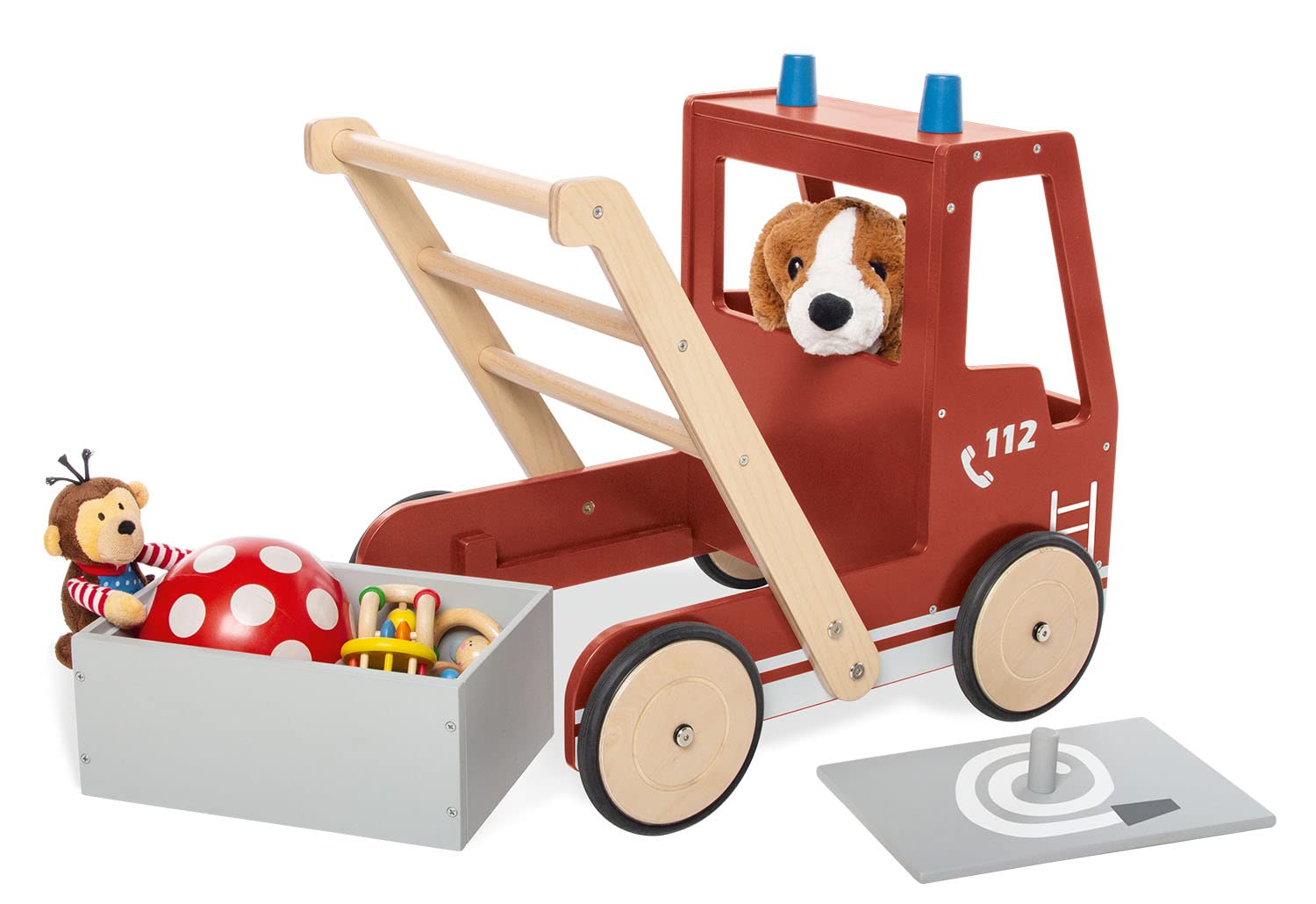 PINOLINO Lauflernwagen Feuerwehrauto Fred, mit Bremssystem, gummierten Holzrädern und herausnehmbarer Box, rot lackiert