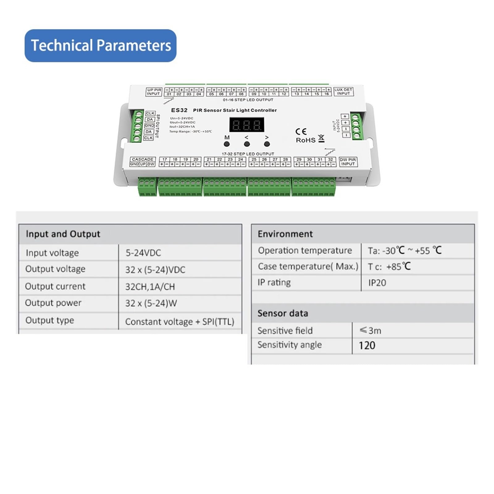 Controlador de escalera ES32, Sensor PIR, Sensor de movimiento de 32 canales, 5V CC, 12V, 24V, interruptor de luz nocturna, Controlador de luz de escalera interior