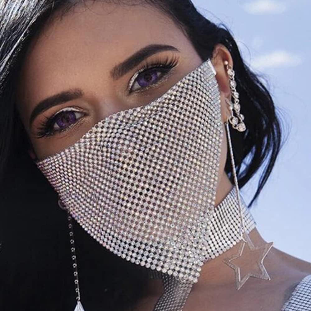 Fashion Sparkly Rhinestone Mesh Mask Crystal Nightclub Face Masks Jewelry for Women