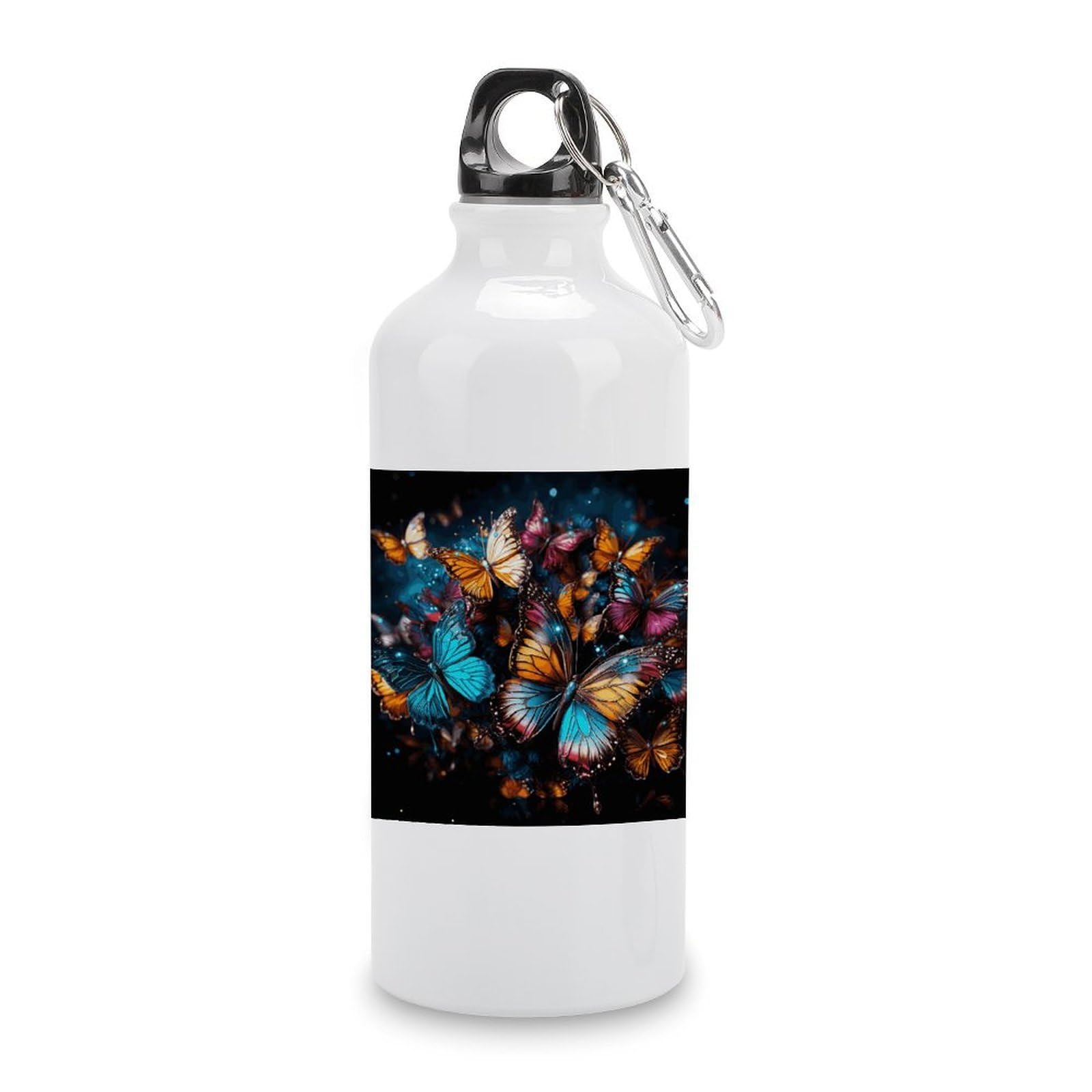 Colorful Butterflies Flying Around on Black Background Water Bottles Sublimation Aluminium Water Bottle with Lid&Hook Lightweight Leak Proof Travel Bottles Reusable Sports Water Bottle Hydration Flask