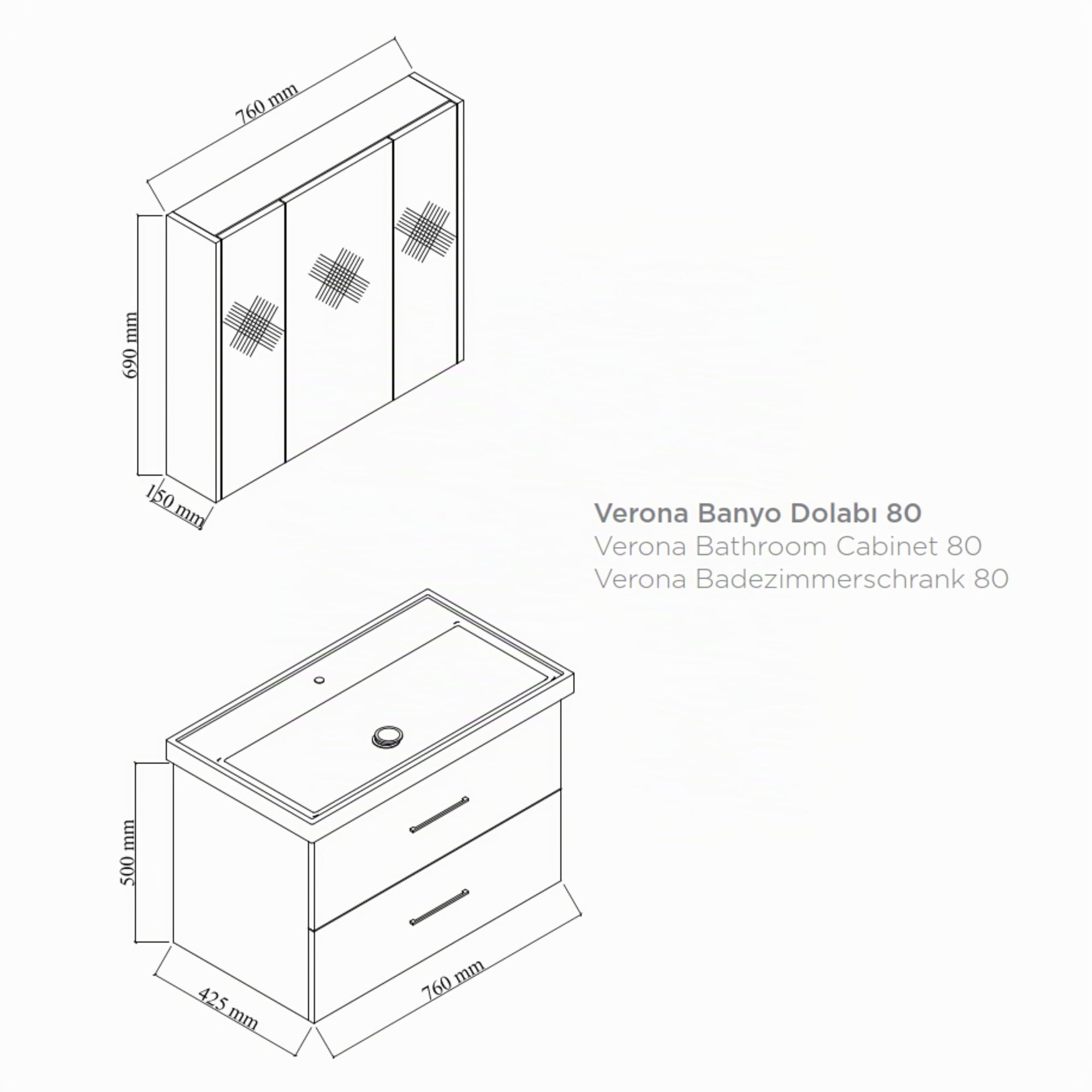 Badmöbel Set Verona 80 | Keramikwaschbecken | Unterschrank | Spiegelschrank | Softclose Schubladen | Holzfurnier & Bügelgriffe | Natürlicher Stil | Badmöbel | Waschtisch mit Unterschrank 80 cm