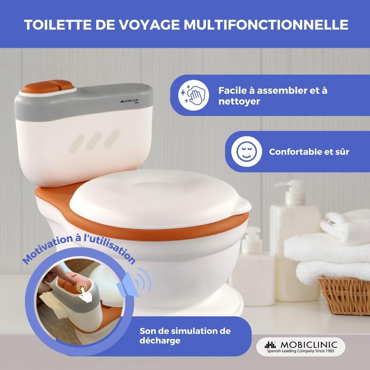 Mobiclinic® kids, Pot Bebe Toilette Musical, Toikid, 1-3 ans, Son de décharge, Avec couvercle, Compartiment papier, Fonctionne piles, Cuvette amovible, Siège imperméable (orange)