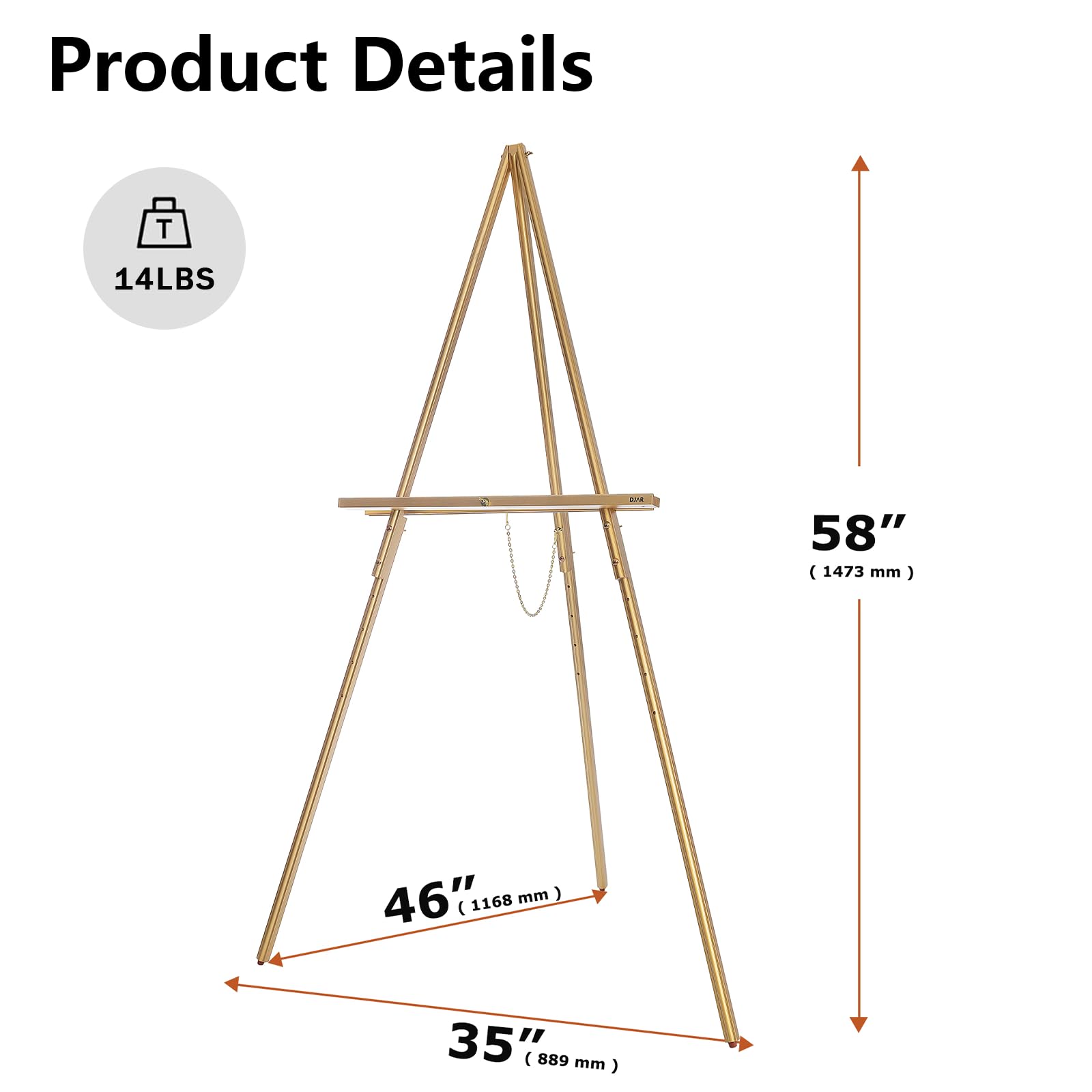 DJAR Cavalletto Espositore in Legno 160 cm per Cartelli, Altezza Regolabile Doppio Uso, Cavalletto da Terra Oro per Matrimoni, Cartelli di Benvenuto e Poster