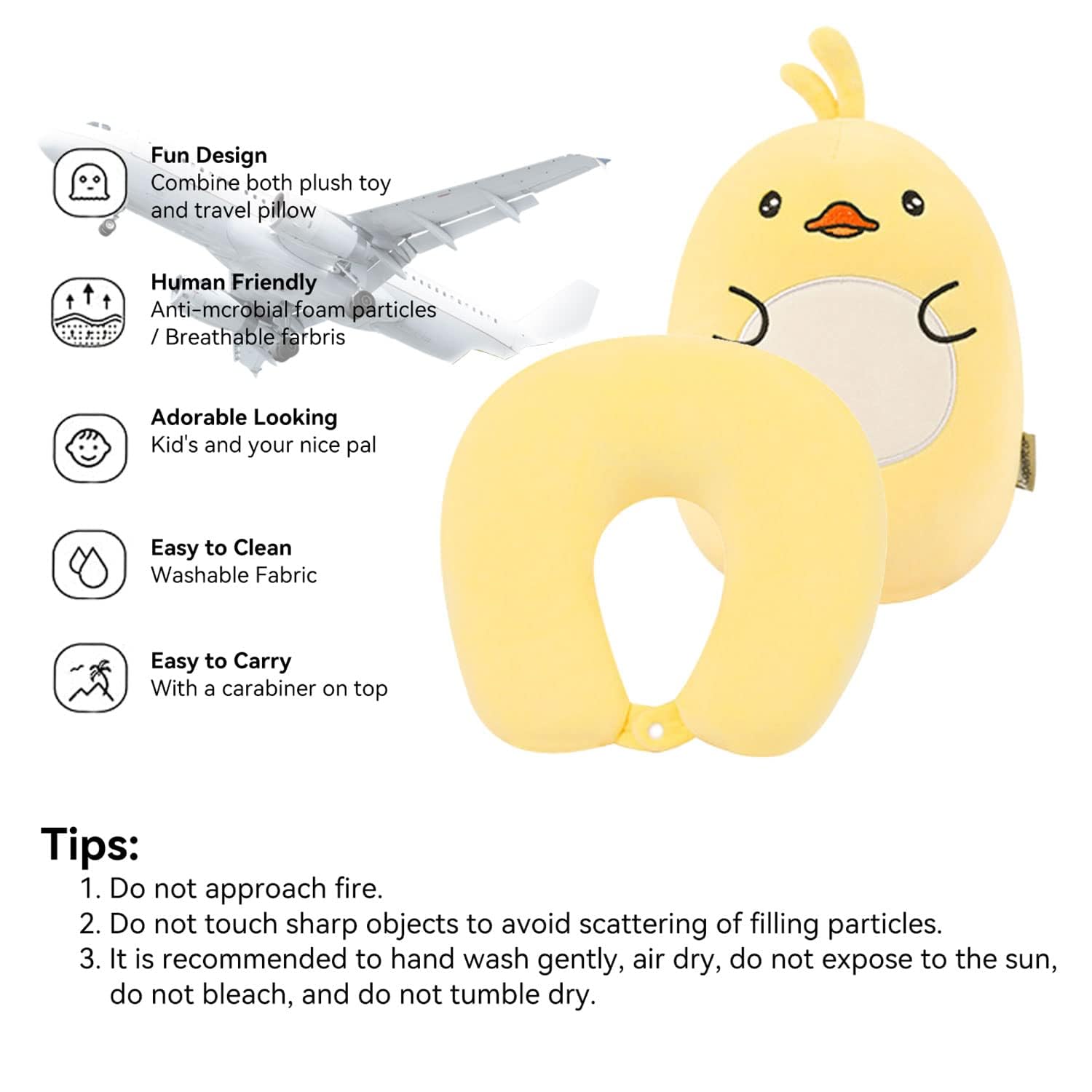 Appui-tête déformable 2 en 1 en forme de U, oreiller en peluche d'animal de dessin animé, oreiller de voyage portable en forme de U, oreiller de bureau, petit canard jaune