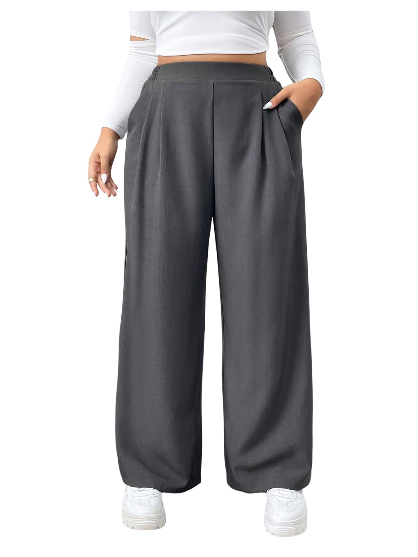 SweatyRocks Womens Plus Size Wide Leg Pants Elastic High Waisted Baggy Palazzo Pants with Pockets