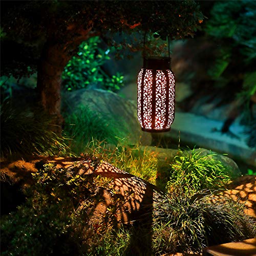 Maggift 2 Pack 10.6 Inch Hanging Solar Lights Outdoor Retro Hanging 20 Lumens Solar Lantern with Handle, Brown