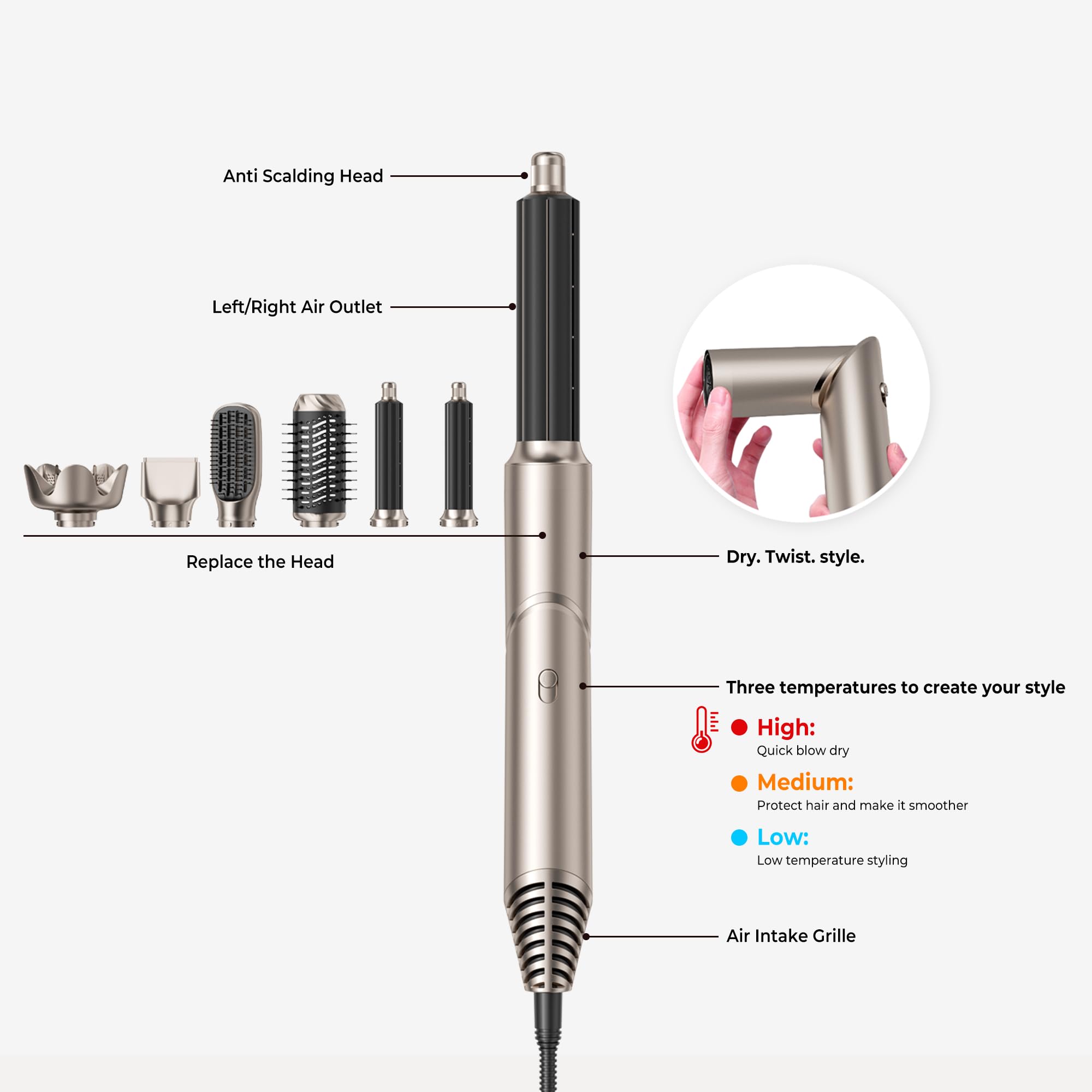 6 en 1 Hairstyler Cepillo de Aire Airstyler Secador Pelo con Difusor Moldeador Pelo con 6 Accesorios para el Peinado Cepillo Alisador Pelo Rizador Pelo Ondas Caja Regalos para Mujer, Oro-platino