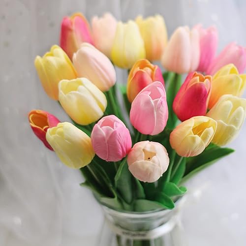 Miniatura 2 de 20 piezas de tulipanes artificiales, flores de seda de tacto real, tulipanes rosados amarillos, arreglos florales para boda, hogar, oficina, fiesta