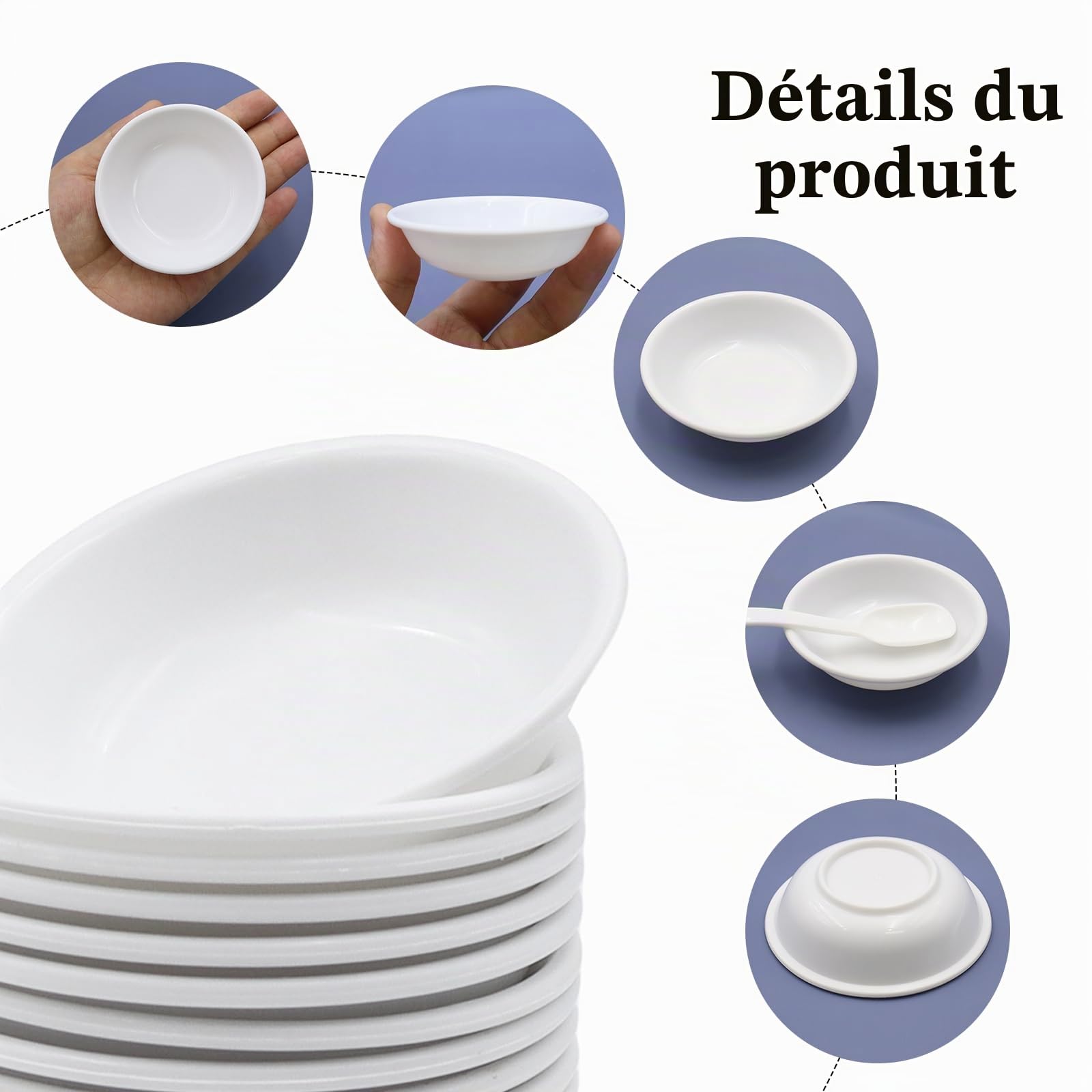 OMJMYY Bols à Sauces 16 Pièces Ronds Plats Sauce Soja 7.2x1.9 cm avec 20 Boules de Glace pour Ketchup Confiture Sauce Fruits et Dessert Blanc